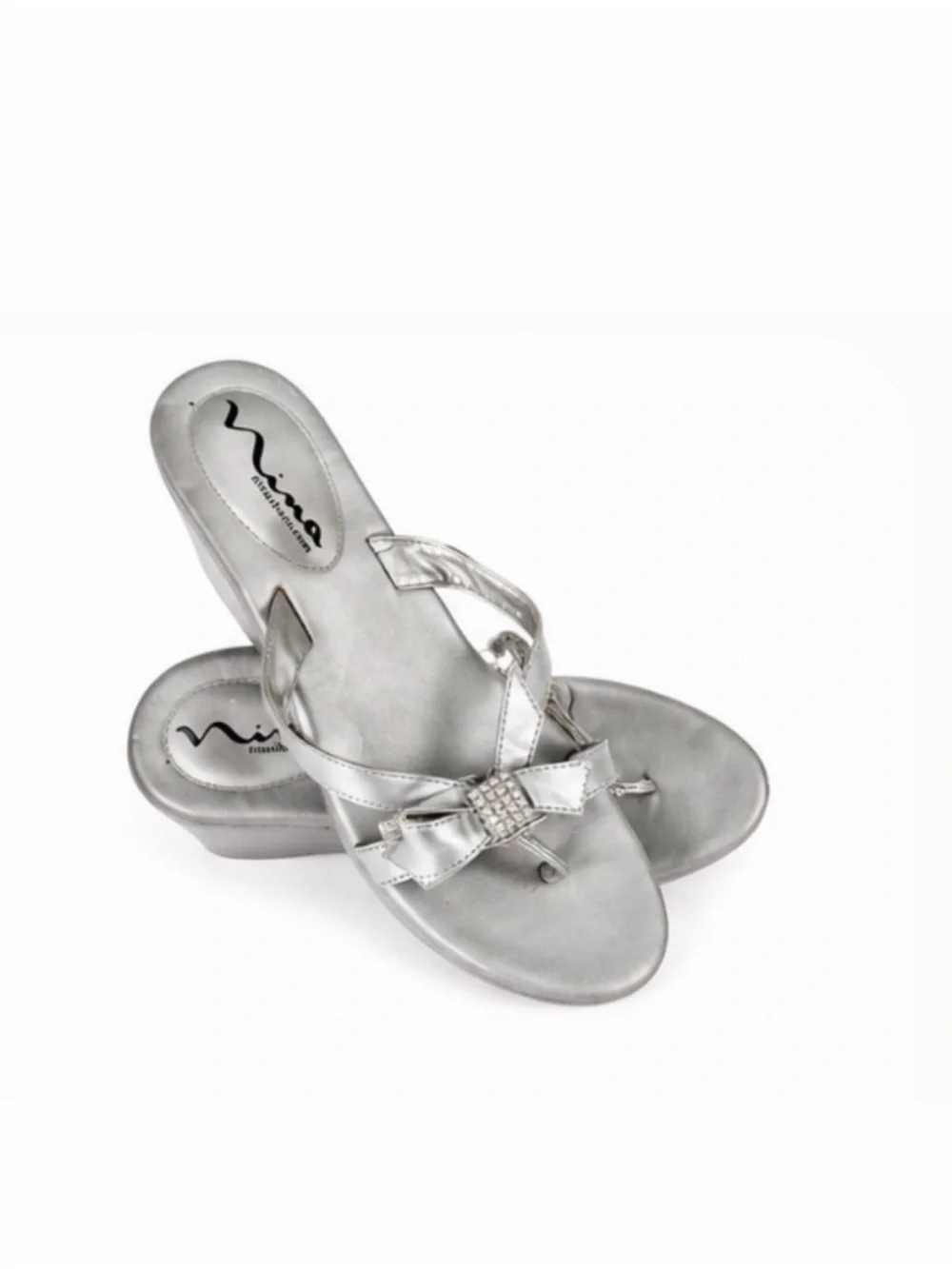Nina Silver Wedge Thong Sandal with RhinestoneDecorative Bow